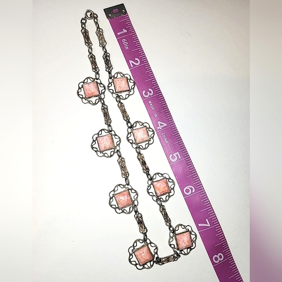 ANTIQUE ART NOUVEAU CORAL COLORED MARBLED GLASS & FILIGREE CHOKER NECKLACE - Picture 9 of 11